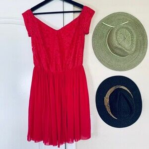 ASOS Barbie Pink Mesh Lace Off-the-Shoulder Fit & Flare Mini Dress | Size: 6/S